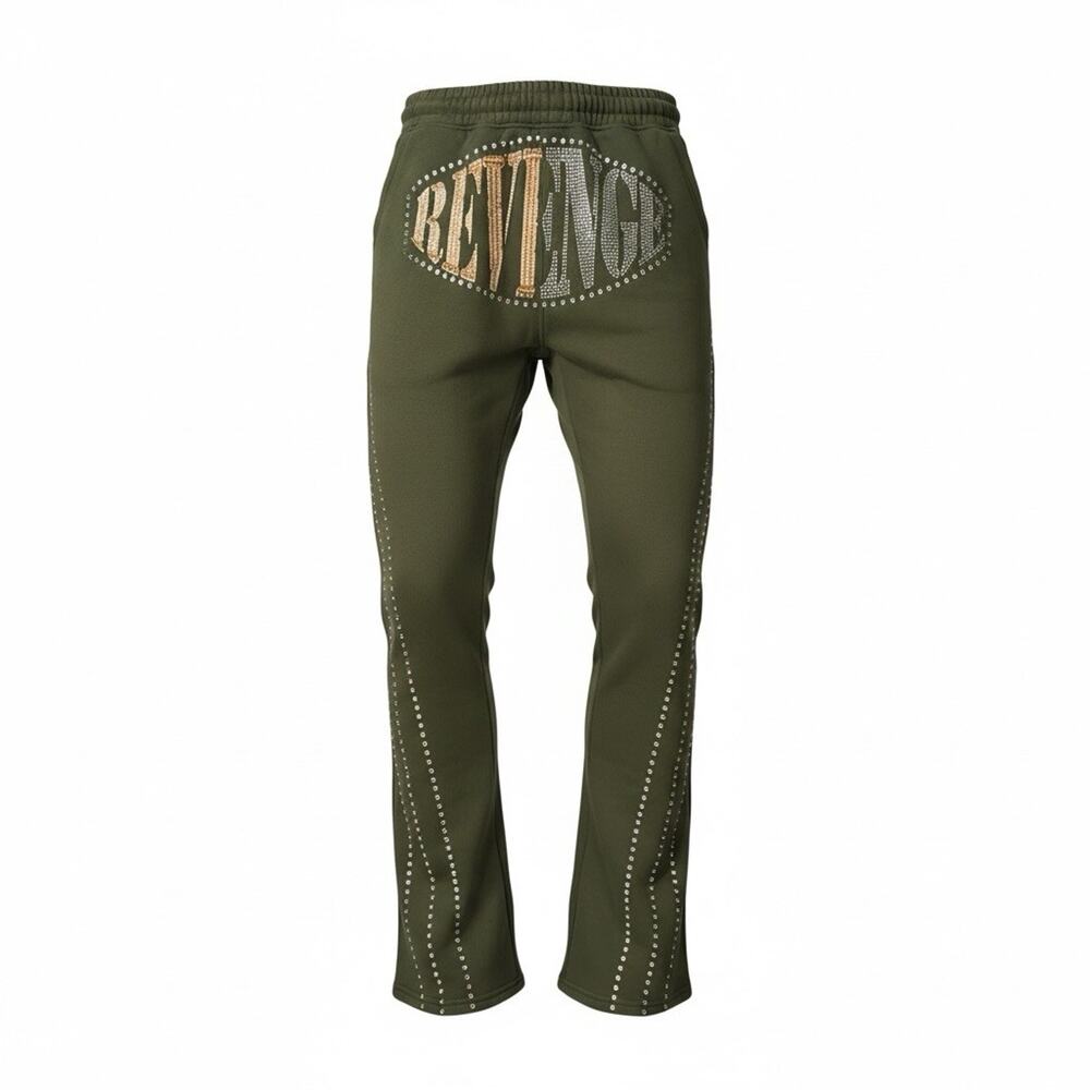 Copper Rivet Men's Olive Flared Sweatpants Rhinestones Drawstring Elastic M - Picture 4 of 9